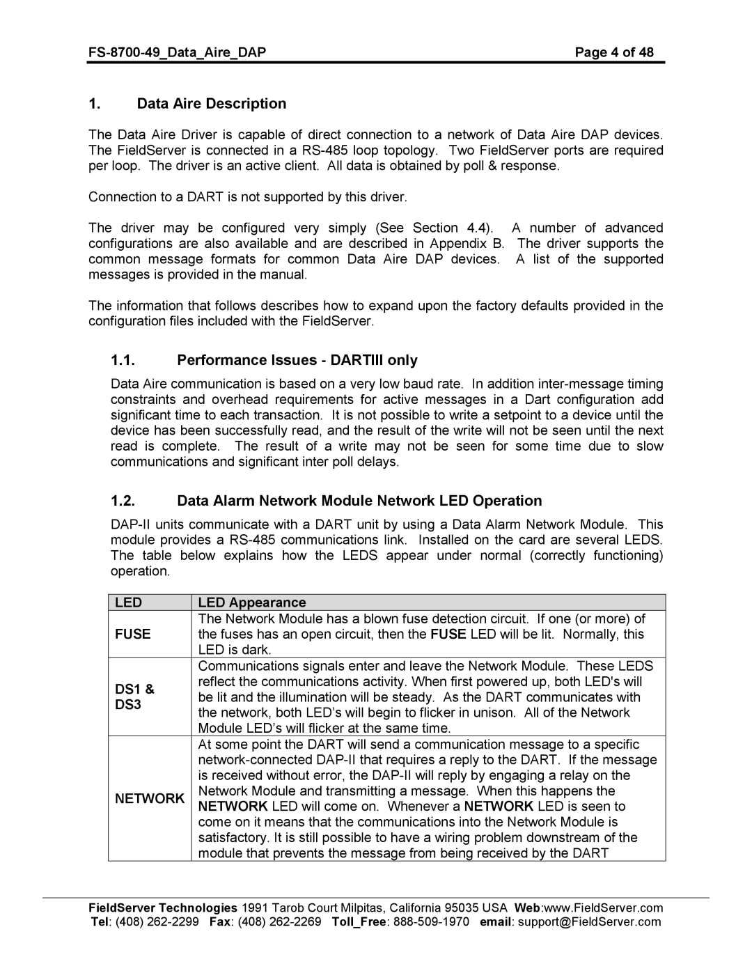 FieldServer FS-8704-49 instruction manual Data Aire Description, Performance Issues Dartiii only 