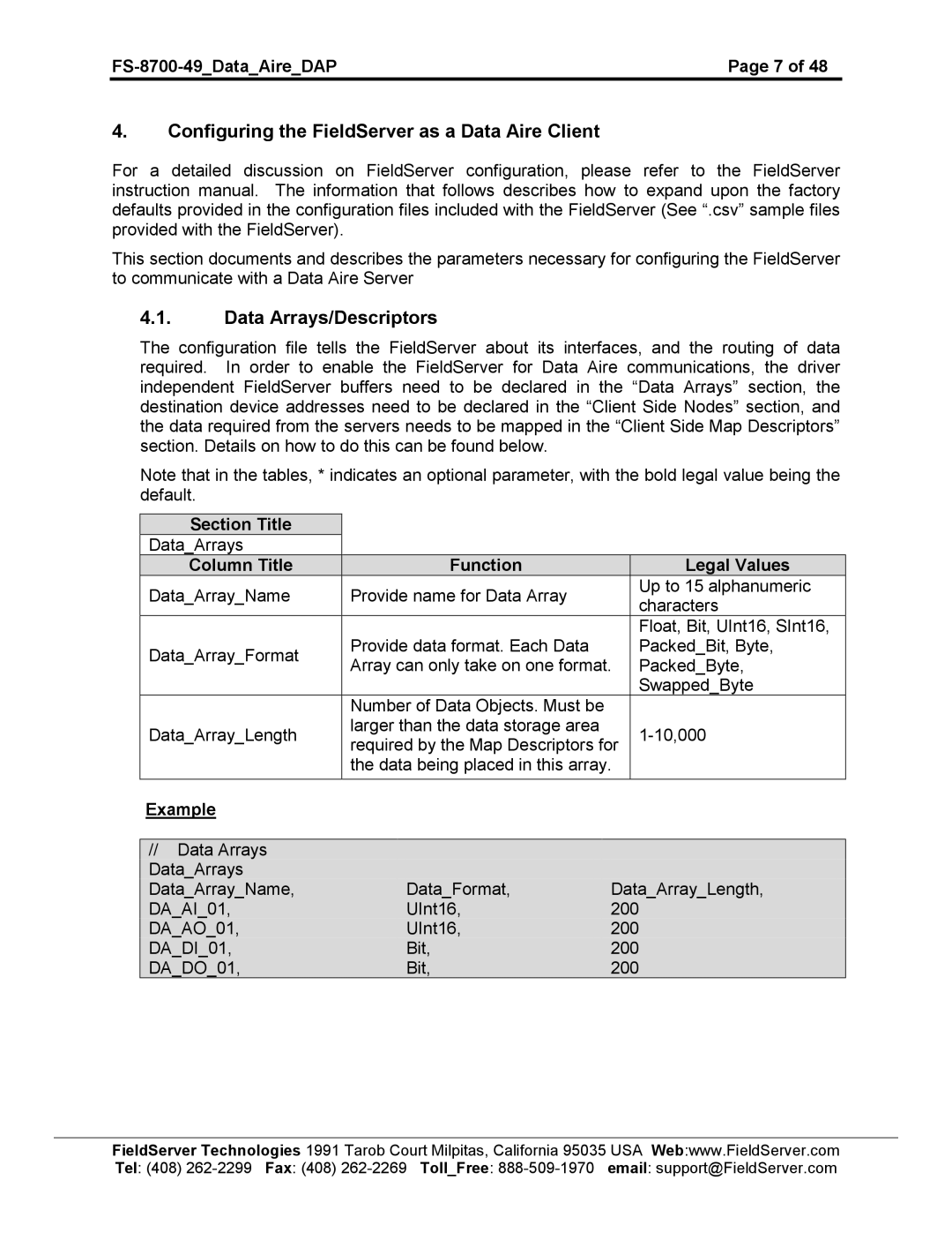 FieldServer FS-8704-49 instruction manual Configuring the FieldServer as a Data Aire Client, Data Arrays/Descriptors 