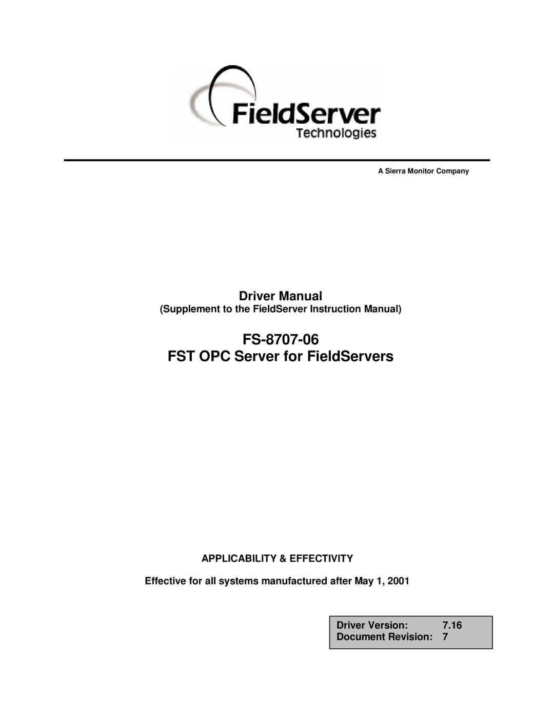 FieldServer instruction manual FS-8707-06 FST OPC Server for FieldServers 