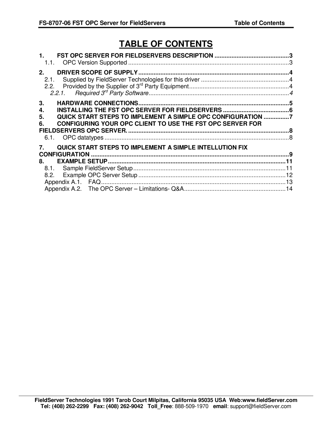 FieldServer FS-8707-06 instruction manual Table of Contents 