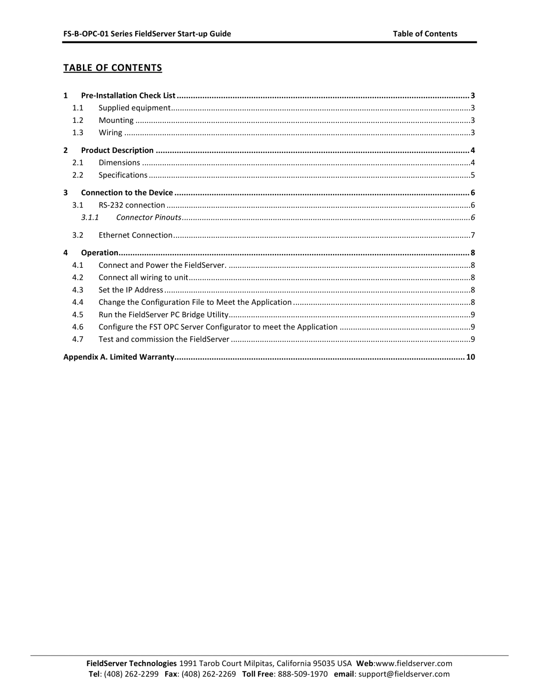 FieldServer FS-B-OPC-01 manual Table of Contents 