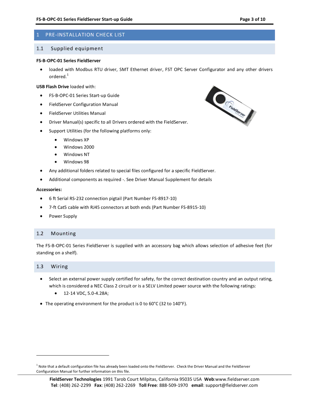 FieldServer FS-B-OPC-01 manual Supplied equipment, Mounting, Wiring 