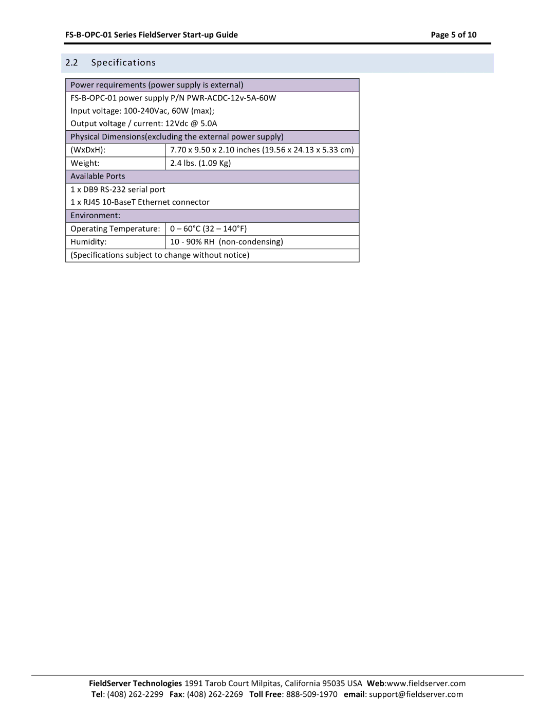 FieldServer FS-B-OPC-01 manual Specifications 