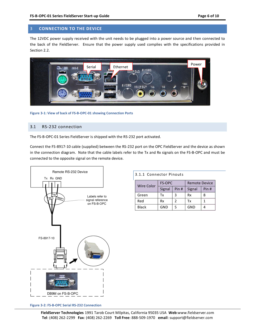 FieldServer FS-B-OPC-01 manual Connection to the Device, RS-232 connection 