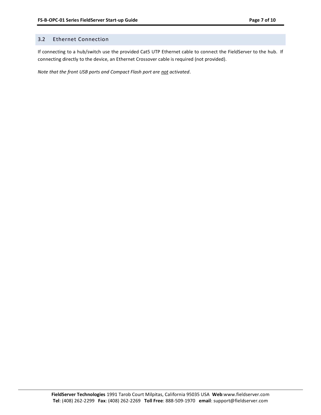 FieldServer FS-B-OPC-01 manual Ethernet Connection 