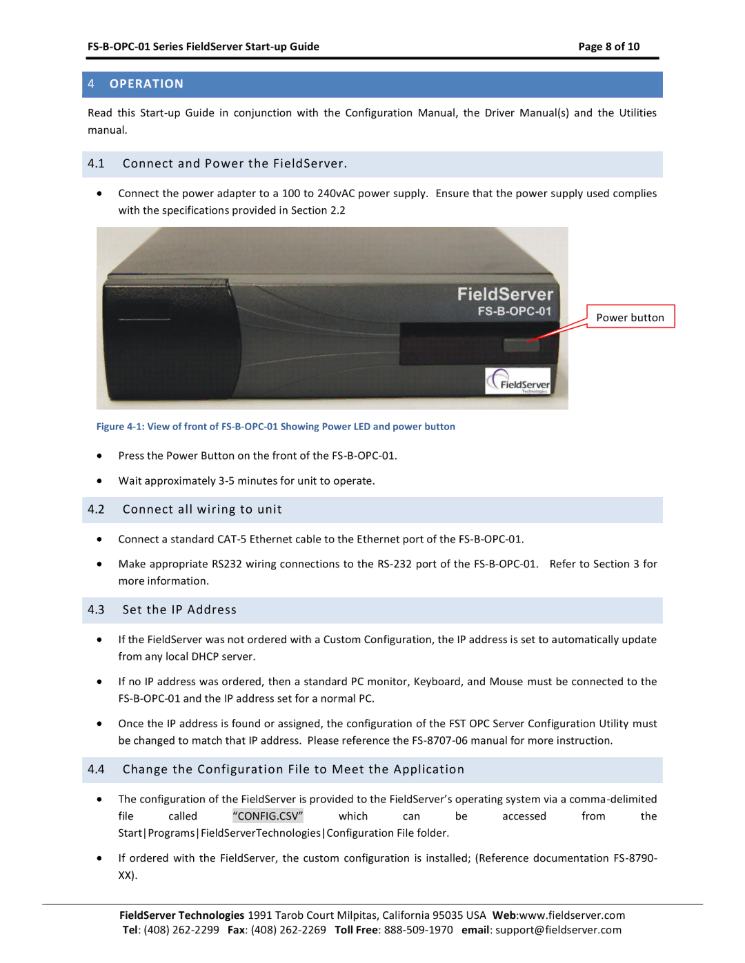 FieldServer FS-B-OPC-01 manual Operation, Connect and Power the FieldServer, Connect all wiring to unit, Set the IP Address 