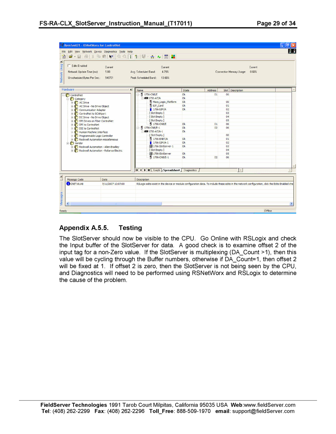 FieldServer FS-RA-CLX-BAS instruction manual Appendix A.5.5. Testing 