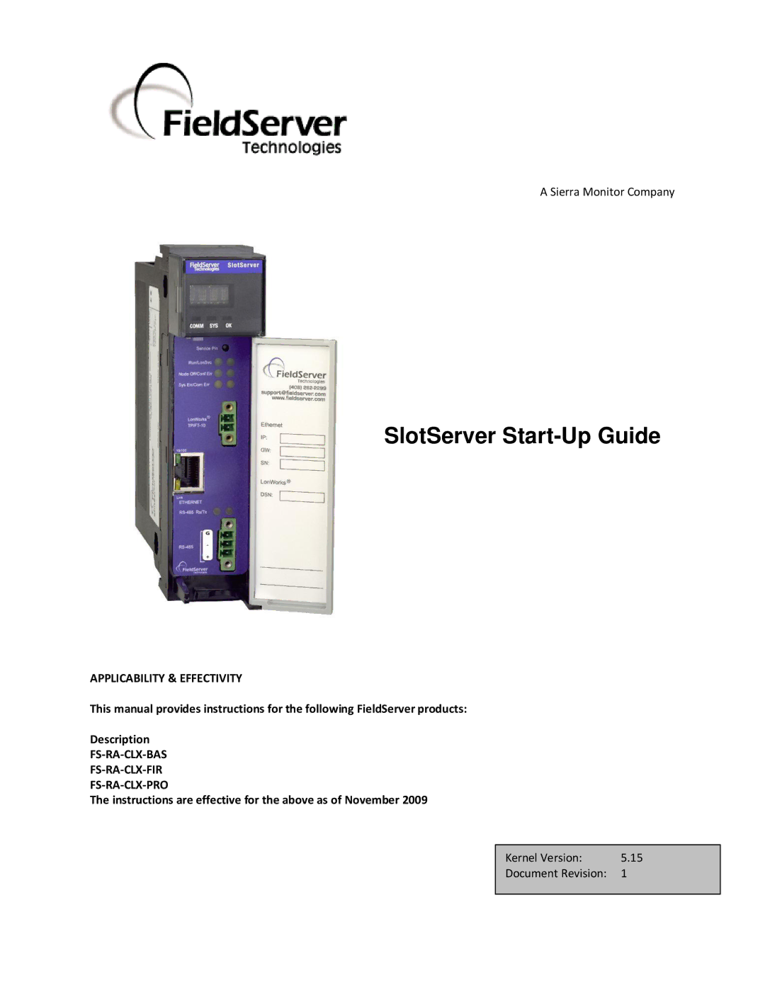 FieldServer FS-RA-CLX-FIR, FS-RA-CLX-PRO manual SlotServer Start-Up Guide 