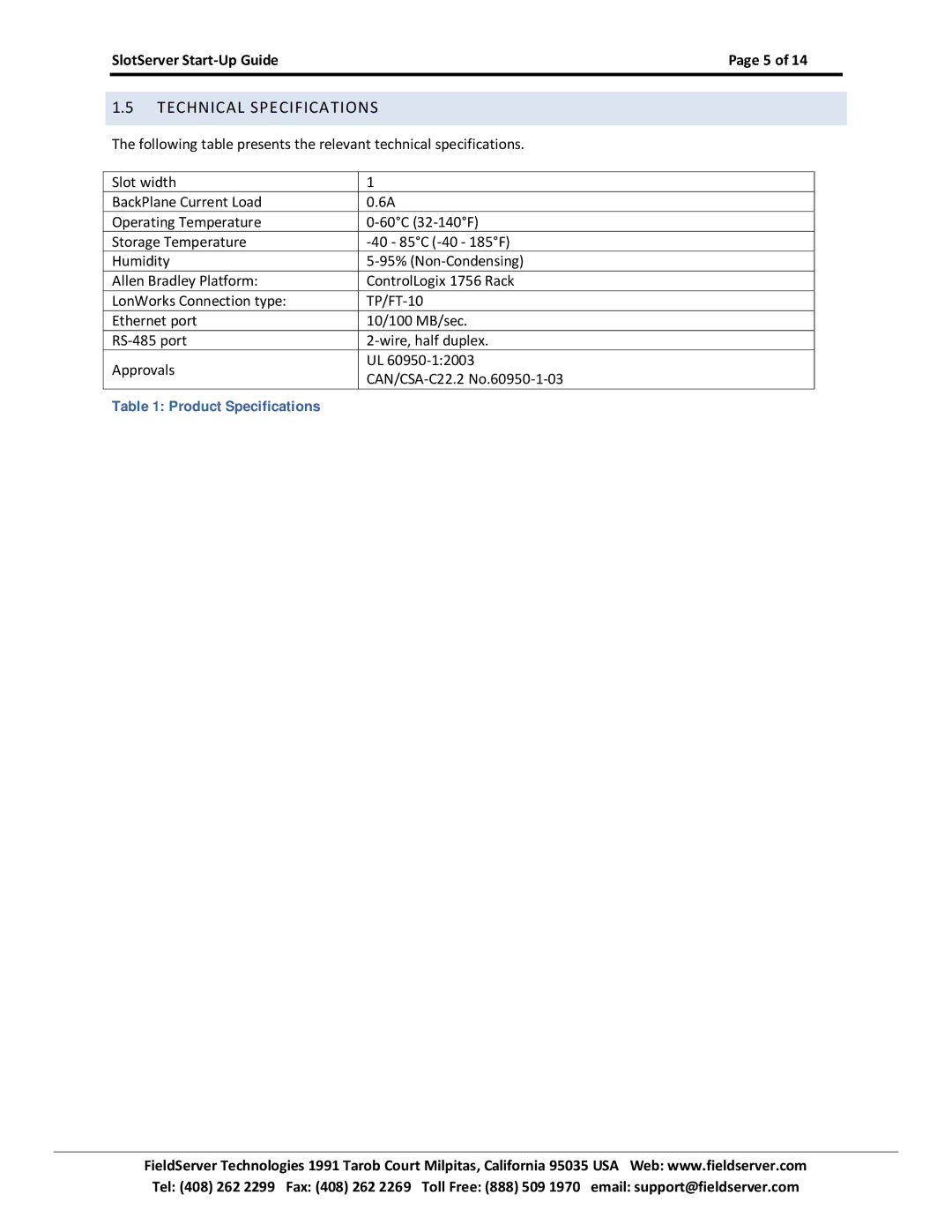 FieldServer FS-RA-CLX-FIR, FS-RA-CLX-PRO manual Technical Specifications 