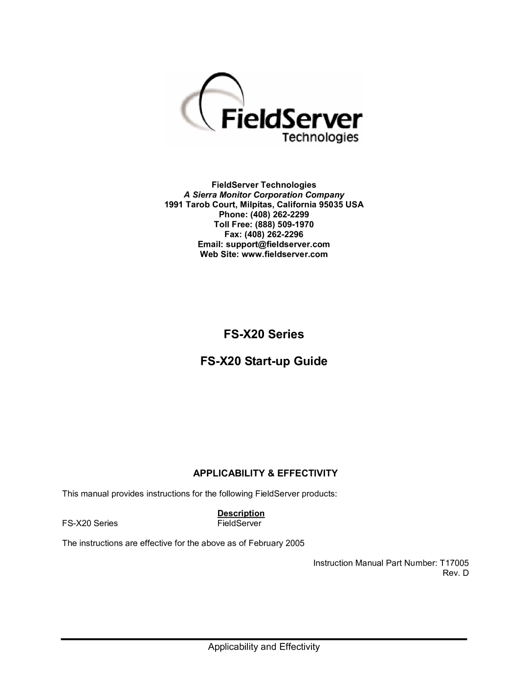 FieldServer instruction manual FS-X20 Series FS-X20 Start-up Guide, Applicability & Effectivity 