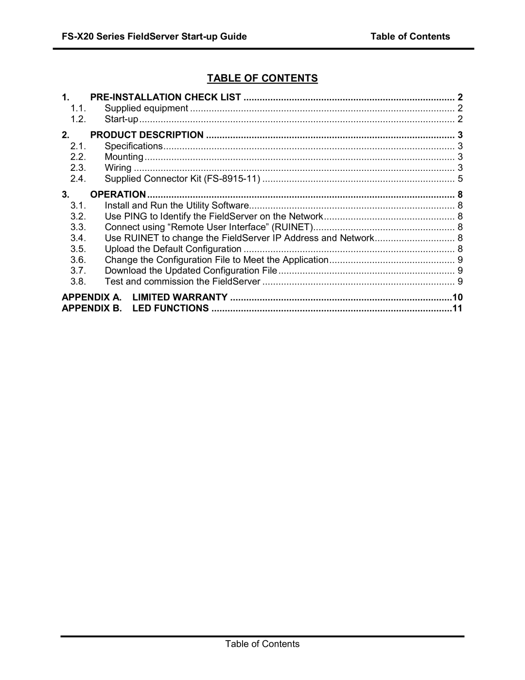 FieldServer FS-X20 instruction manual Table of Contents 