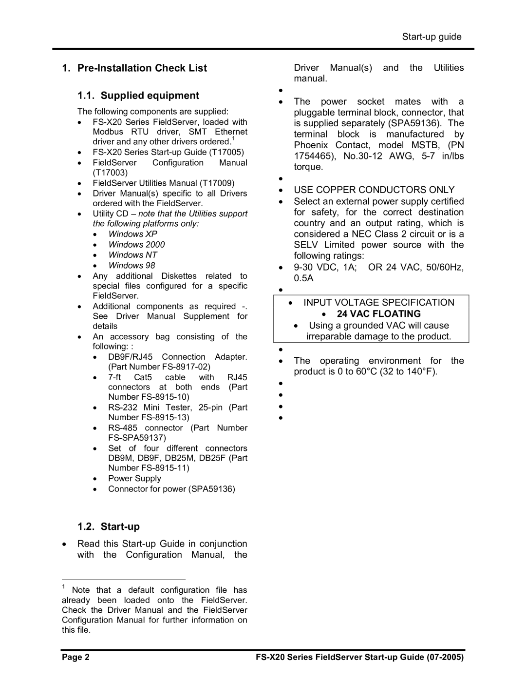 FieldServer FS-X20 instruction manual Pre-Installation Check List Supplied equipment, Start-up, USE Copper Conductors only 