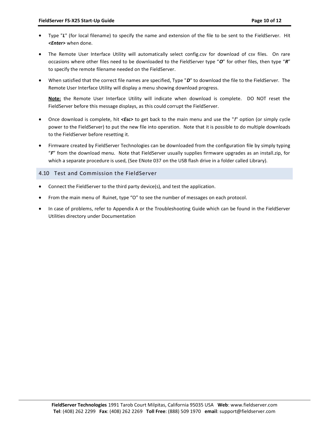 FieldServer X-25 manual Test and Commission the FieldServer 