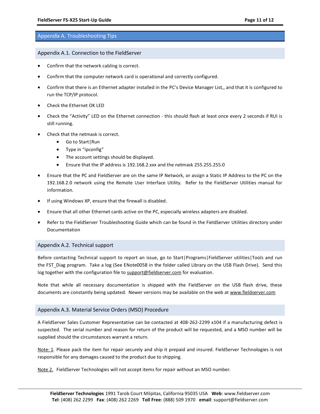 FieldServer X-25 manual Appendix A. Troubleshooting Tips, Appendix A.1. Connection to the FieldServer 