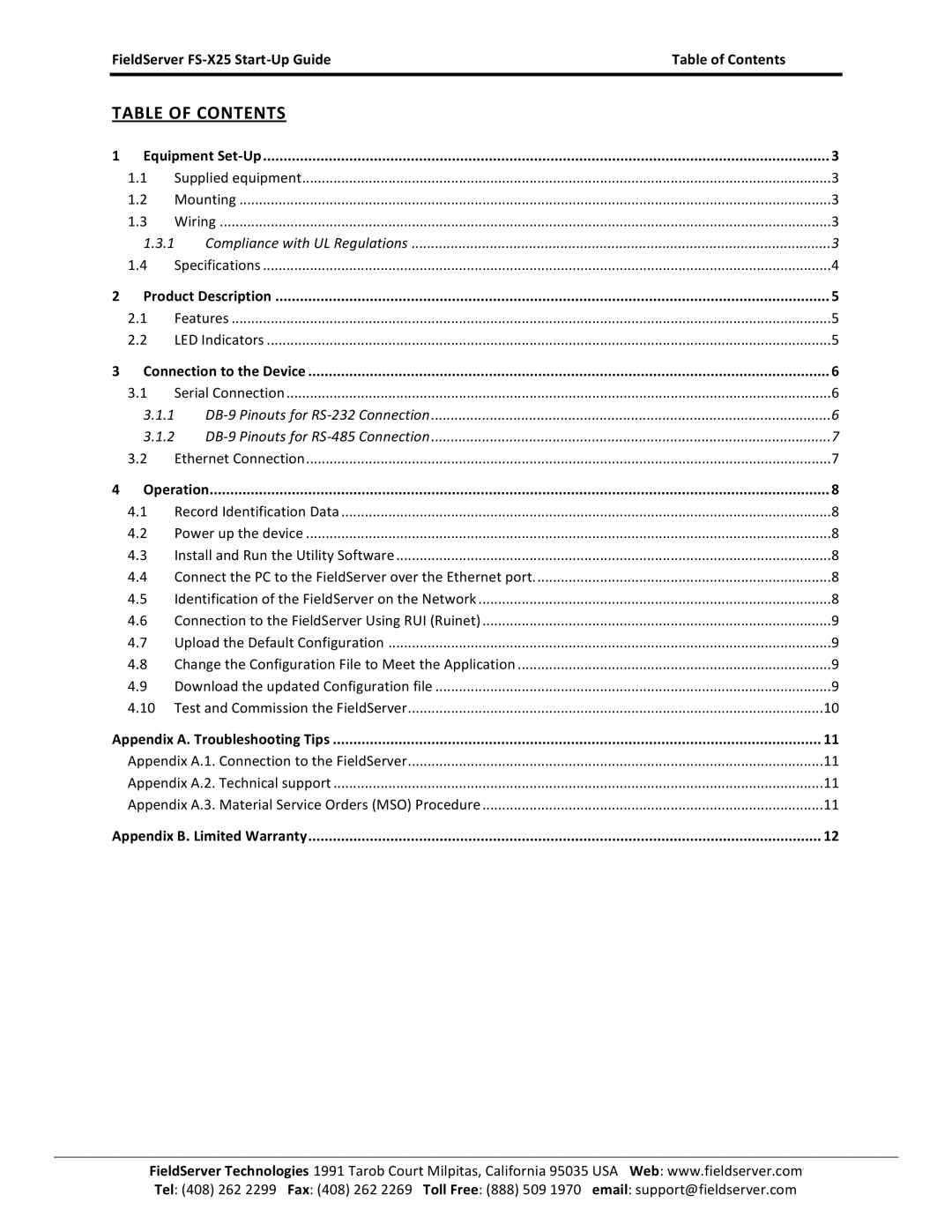 FieldServer X-25 manual Table of Contents 