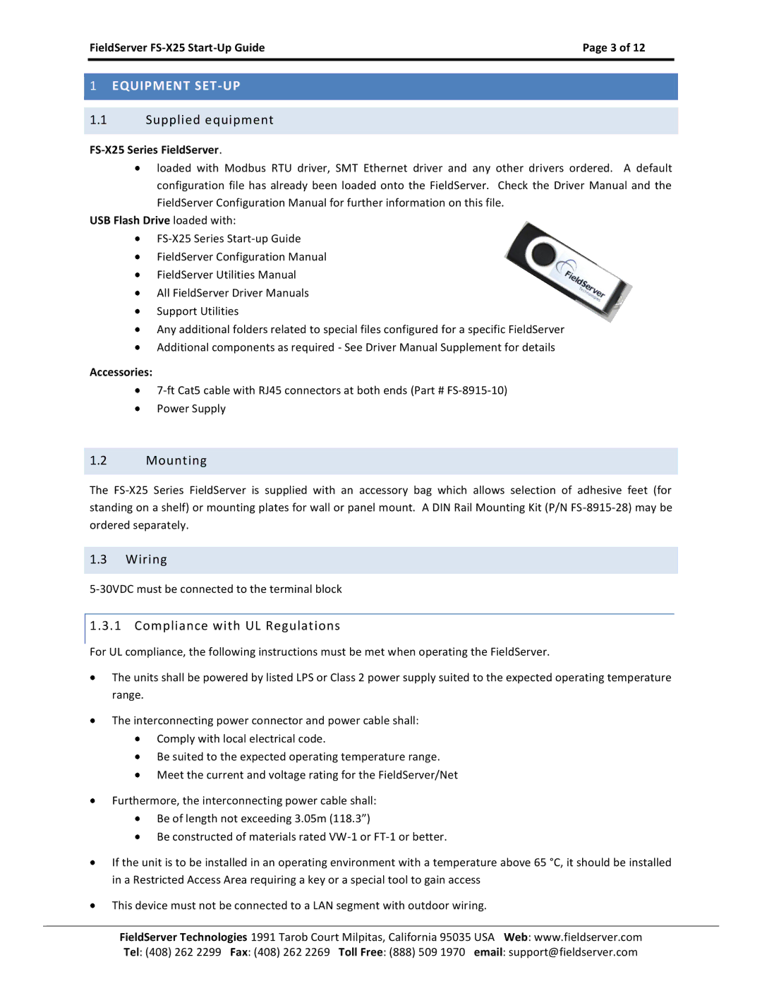 FieldServer X-25 manual Equipment SET-UP, Supplied equipment, Mounting, Wiring, Compliance with UL Regulations 