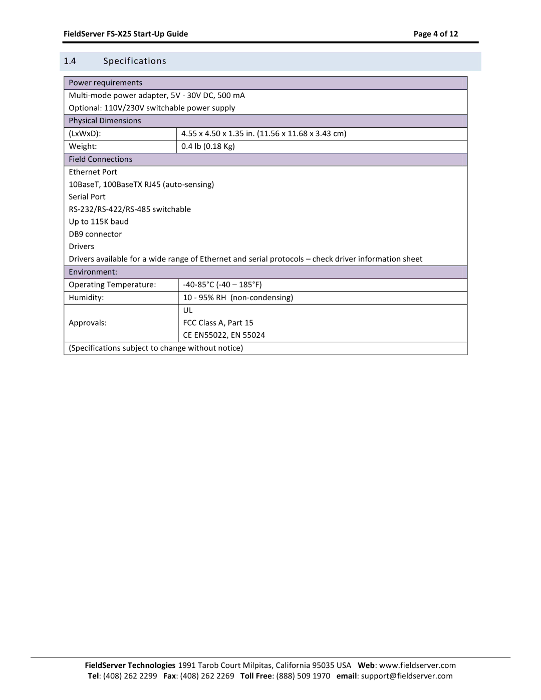 FieldServer X-25 manual Specifications 