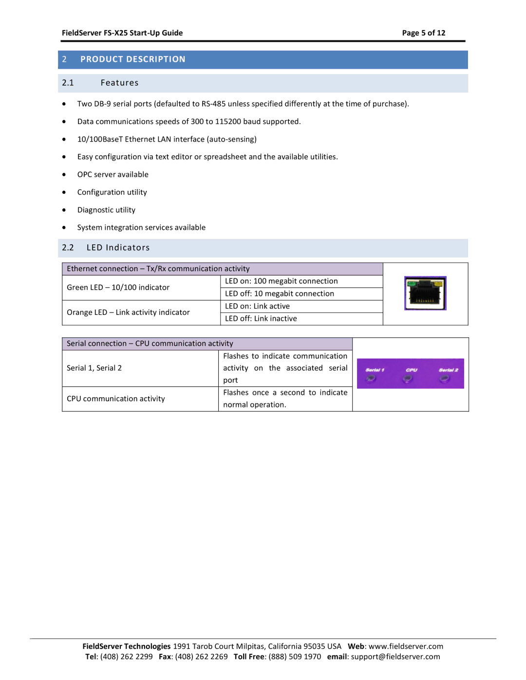 FieldServer X-25 manual Product Description, Features, LED Indicators 