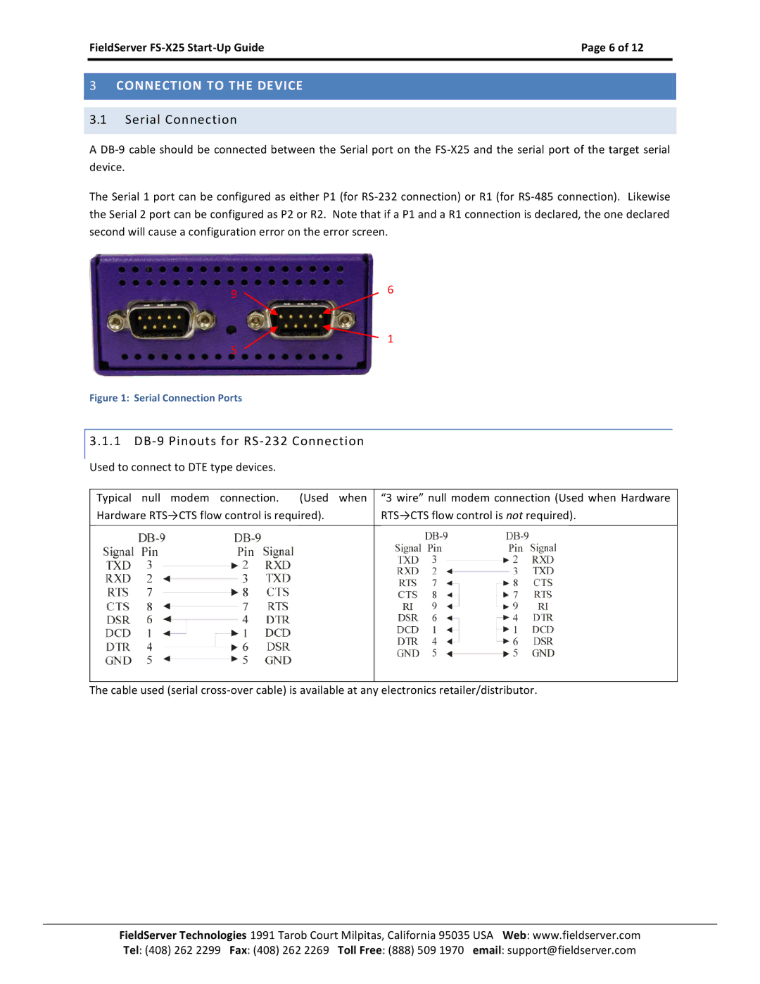 FieldServer X-25 manual Connection to the Device, Serial Connection, 1 DB-9 Pinouts for RS-232 Connection 