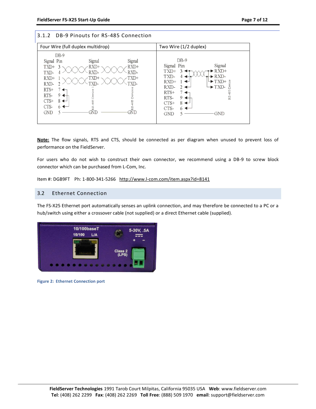 FieldServer X-25 manual 2 DB-9 Pinouts for RS-485 Connection, Ethernet Connection 