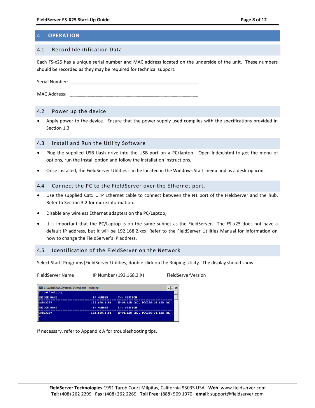 FieldServer X-25 manual Operation 