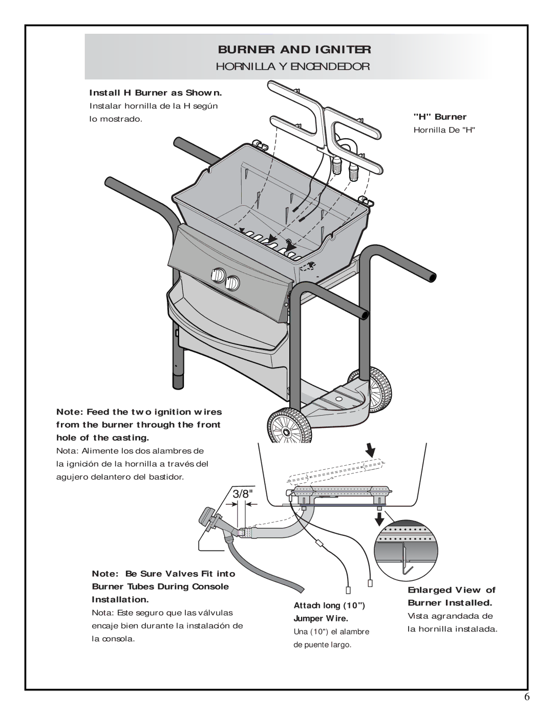 Fiesta ESD45055-B401 manual Enlarged View, Burner Installed, Jumper Wire, De puente largo 