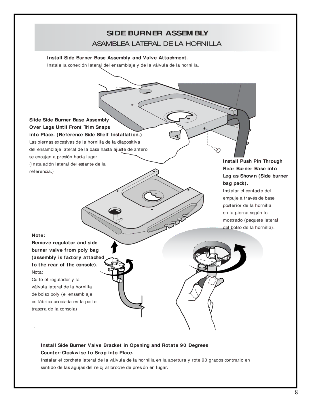 Fiesta ESD45055-B401 manual Side Burner Assembly, Install Side Burner Base Assembly and Valve Attachment 