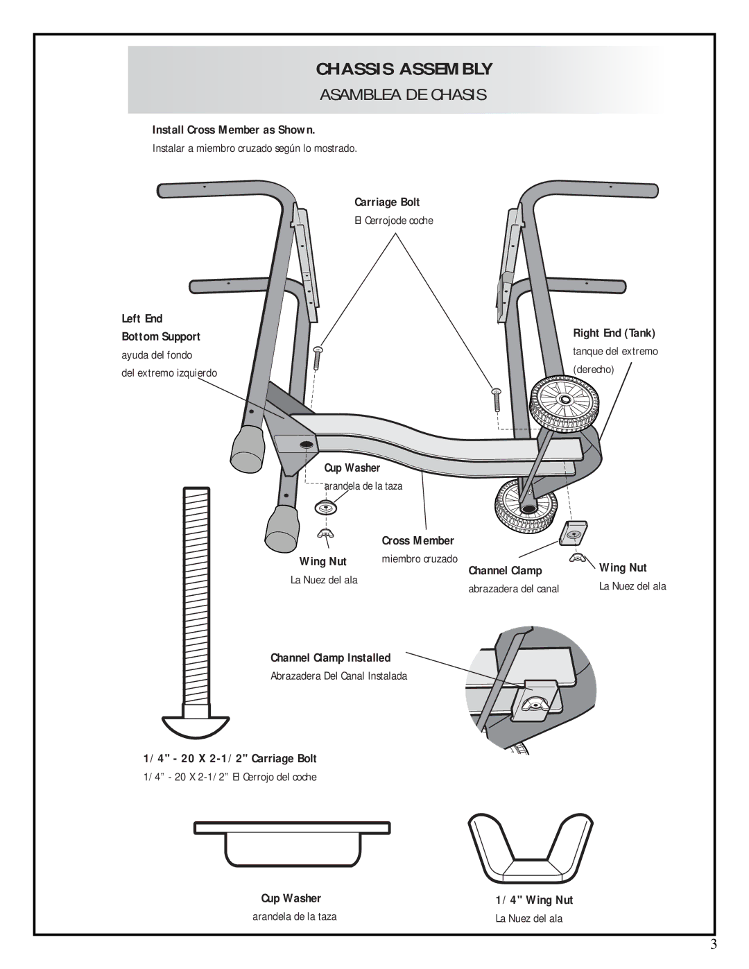 Fiesta ESD45055-BC301 Install Cross Member as Shown, Carriage Bolt, Cup Washer, Miembro cruzado Wing Nut, Channel Clamp 