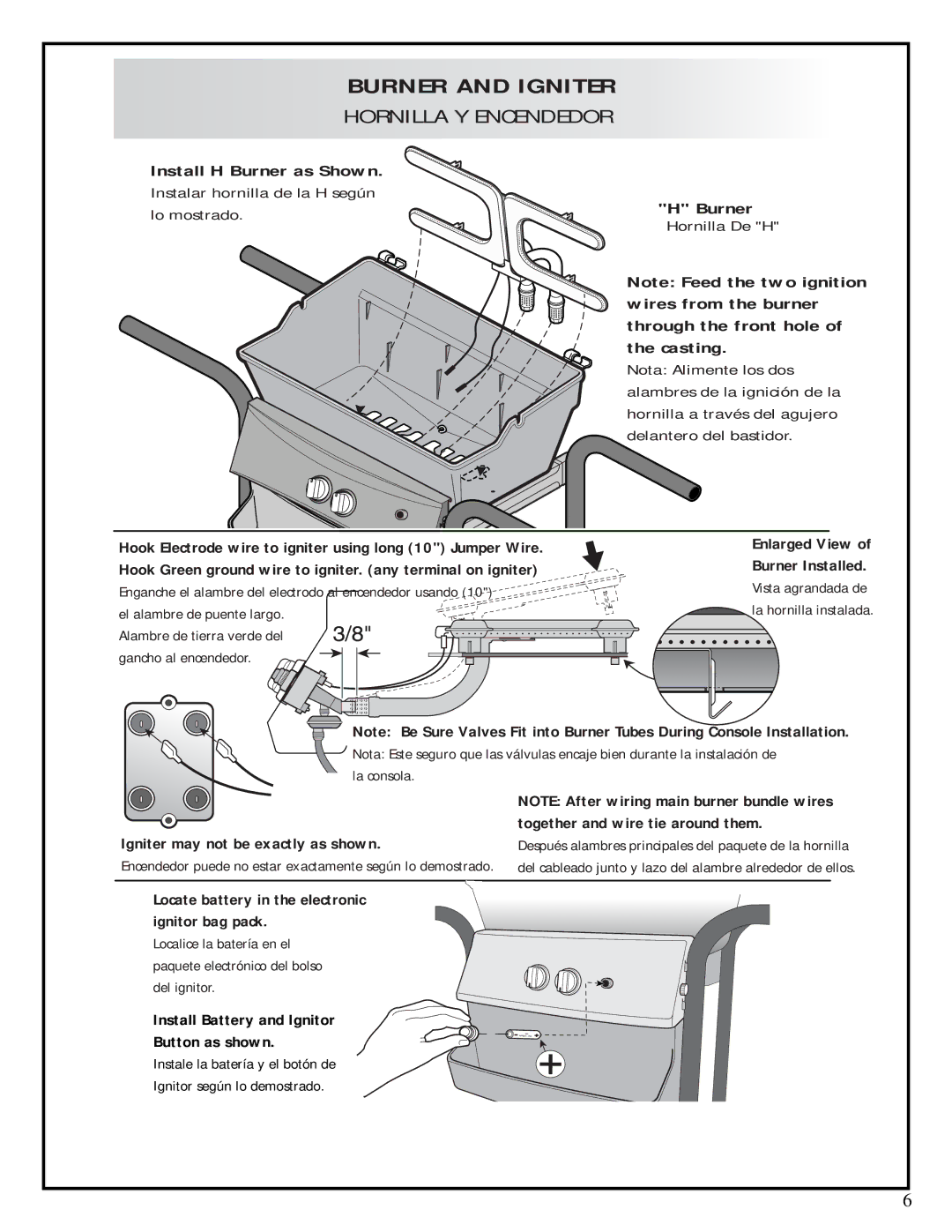 Fiesta ESD45055-BC301 manual Burner, Igniter may not be exactly as shown, Locate battery in the electronic Ignitor bag pack 