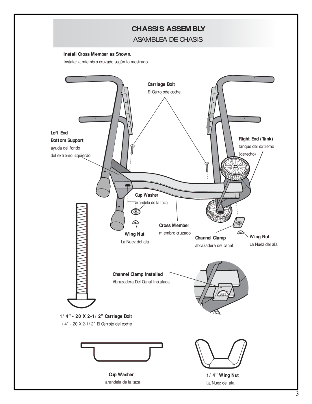 Fiesta ESD45055-BC303 Install Cross Member as Shown, Carriage Bolt, Cup Washer, Miembro cruzado Wing Nut, Channel Clamp 