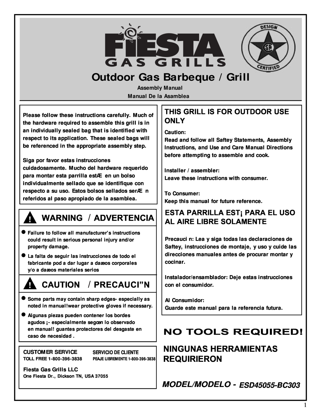Fiesta ESD45055-BC303 manual Outdoor Gas Barbeque / Grill, Warning / Advertencia, Caution / Precauci”N, No Tools Required 