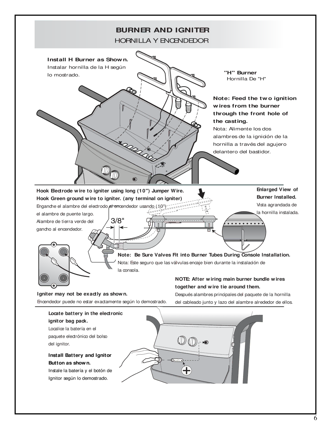 Fiesta ESD45055-BC402 manual Burner, Igniter may not be exactly as shown, Locate battery in the electronic Ignitor bag pack 