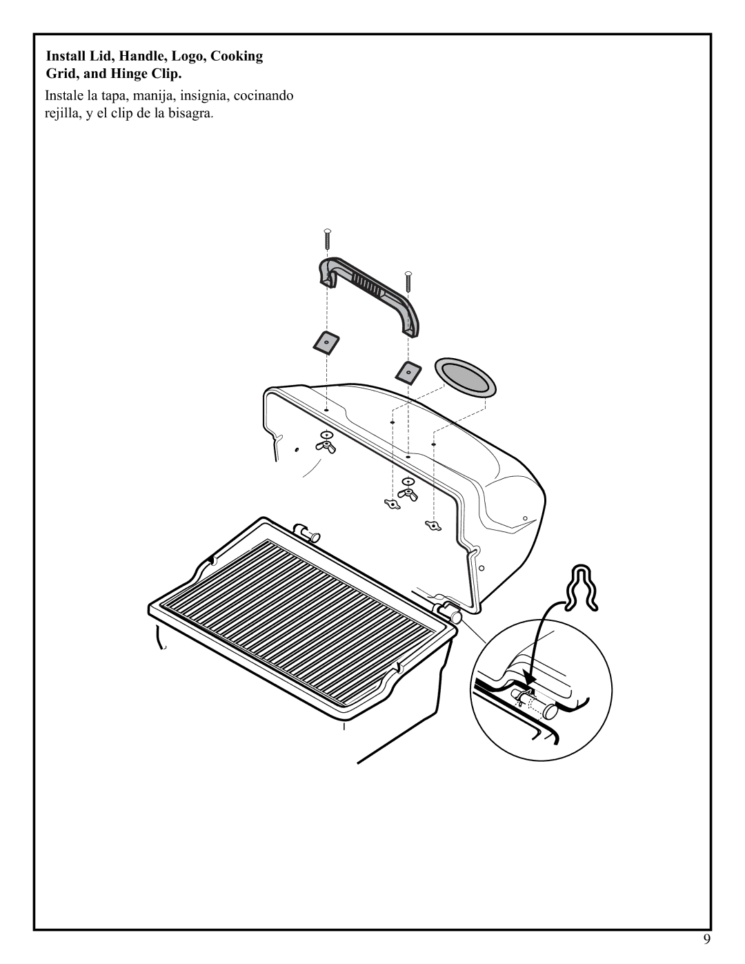 Fiesta EZT34535-B303 manual Install Lid, Handle, Logo, Cooking Grid, and Hinge Clip 