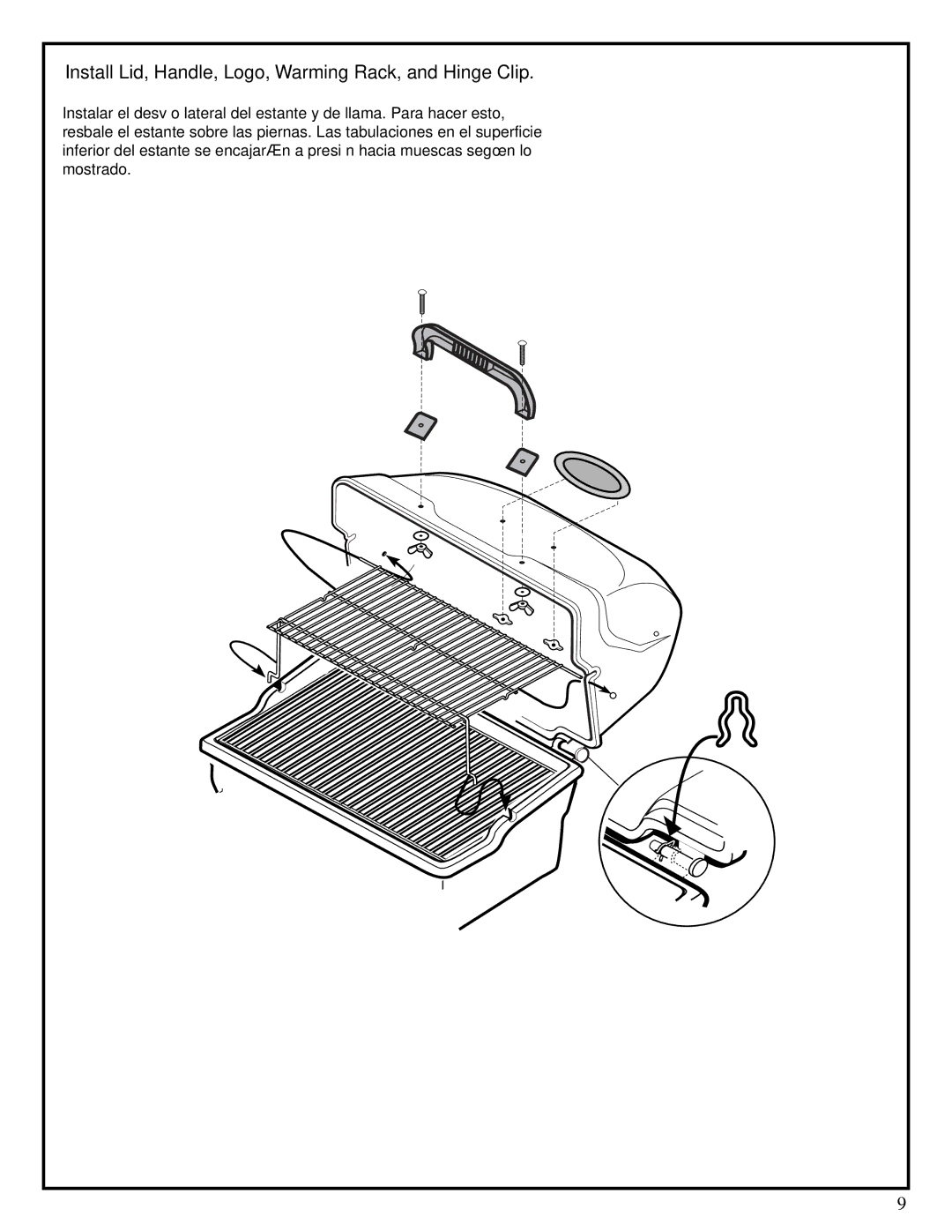 Fiesta EZT34545-B338 manual Install Lid, Handle, Logo, Warming Rack, and Hinge Clip 