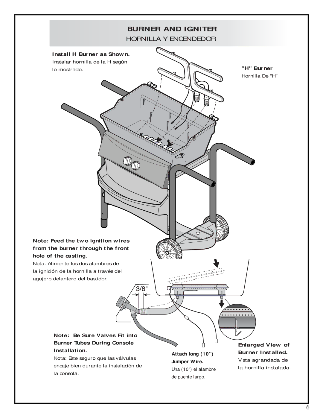 Fiesta EZT40050-B703 manual Enlarged View, Burner Installed, Jumper Wire, De puente largo 