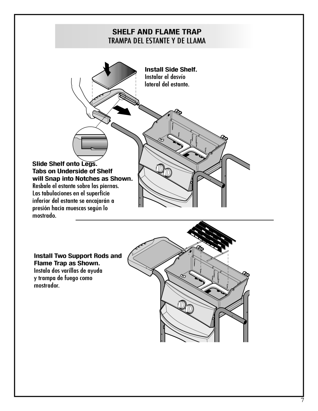 Fiesta EZT40050-P317 manual Slide Shelf onto Legs Tabs on Underside of Shelf, Install Two Support Rods Flame Trap as Shown 