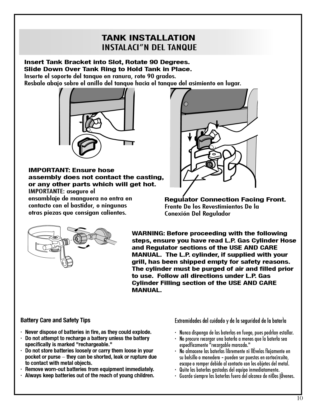 Fiesta EZT40050-P344 manual Tank Installation, Battery Care and Safety Tips, Important Ensure hose 