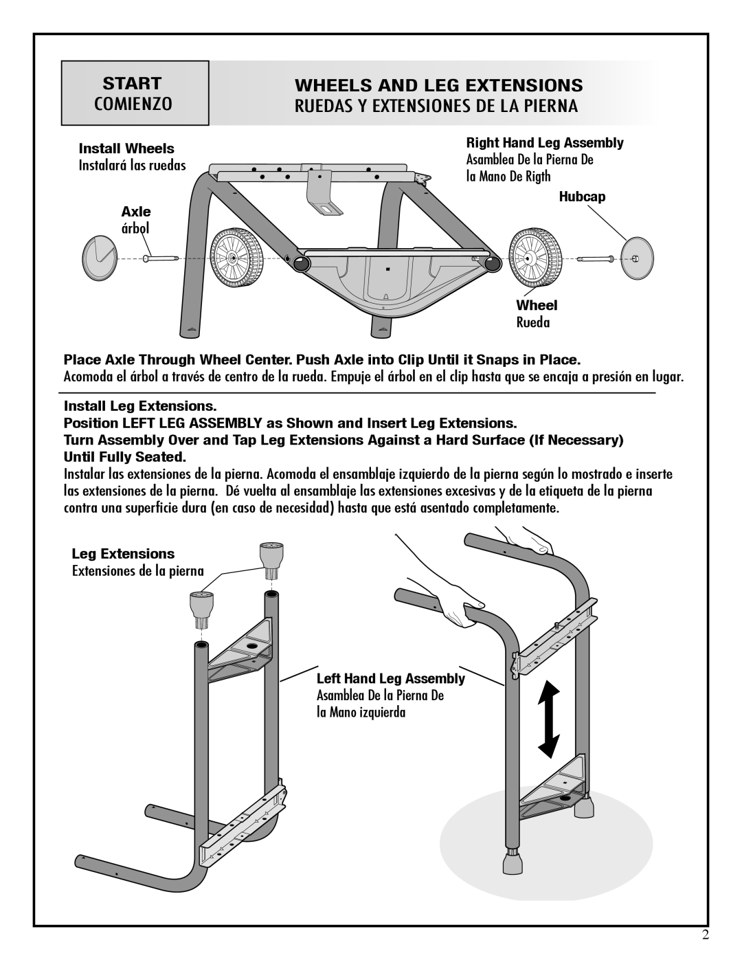 Fiesta EZT40050-P344 manual Start Wheels and LEG Extensions, Install Wheels, La Mano De Rigth, Axle Hubcap Árbol Wheel 