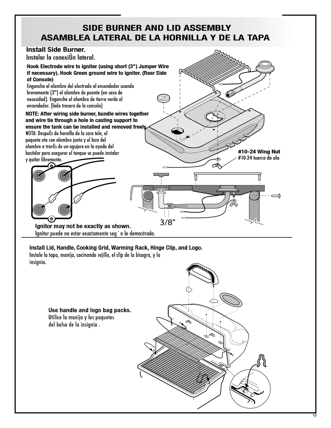 Fiesta EZT40050-P344 manual Install Side Burner, Ignitor may not be exactly as shown, Insignia, Del bolso de la insignia 