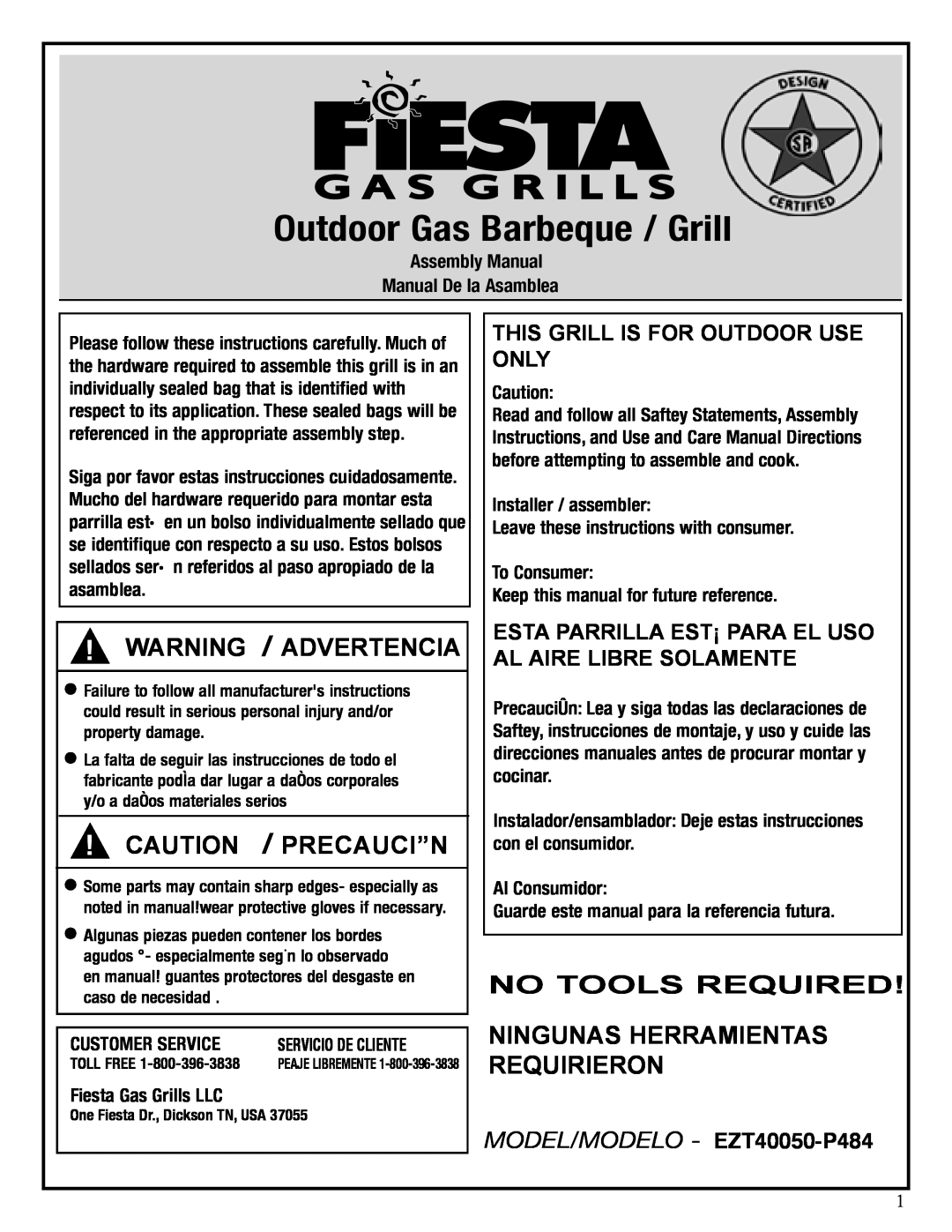 Fiesta EZT40050-P484 manual Warning / Advertencia, Caution / Precauci”N, Assembly Manual Manual De la Asamblea 