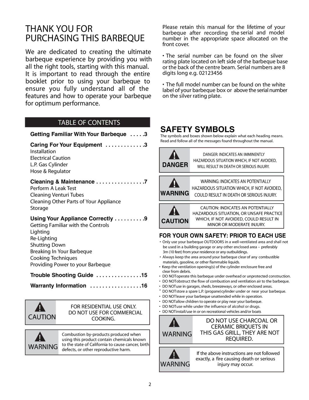 Fiesta FG50057 manual Thank YOU for Purchasing this Barbeque, Safety Symbols, Table of Contents 