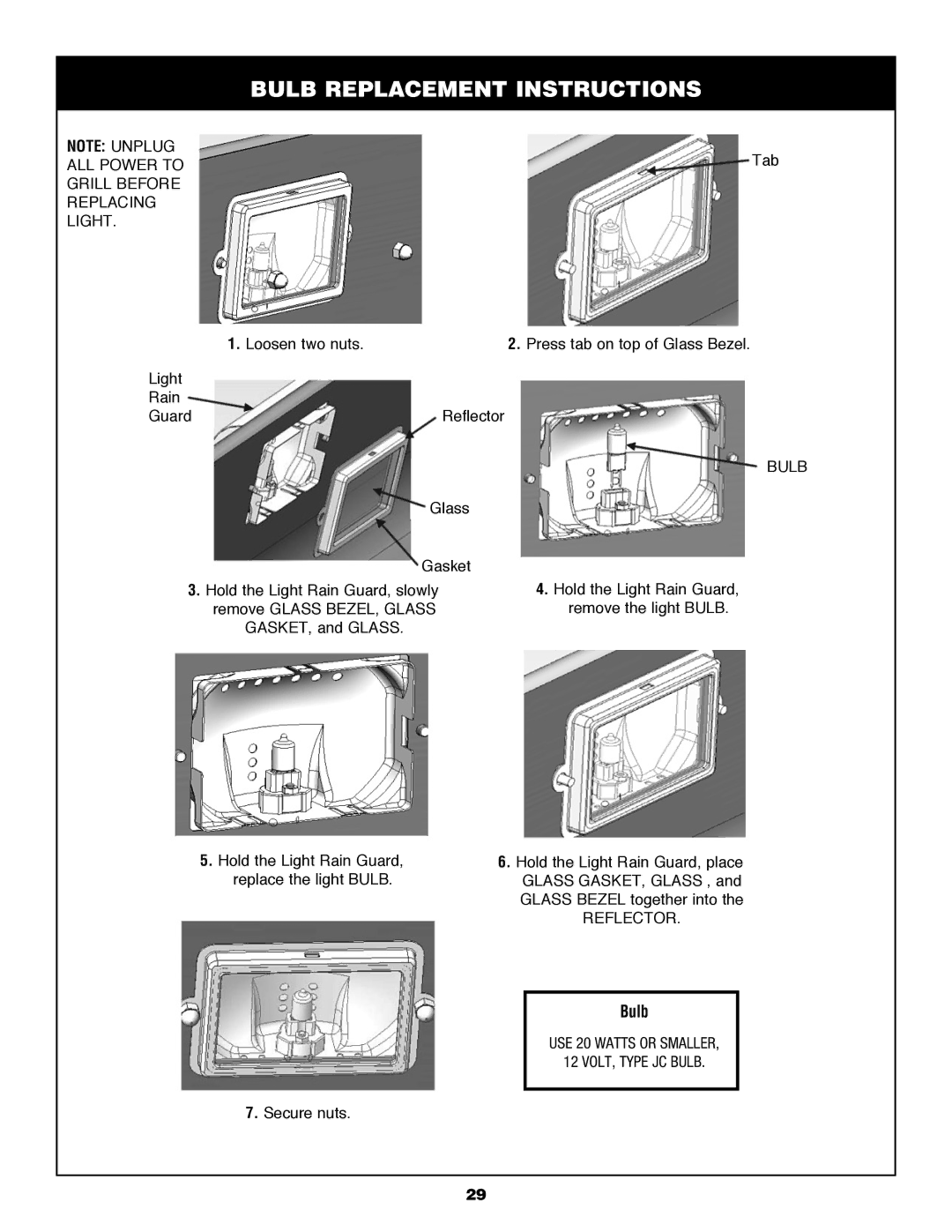 Fiesta FG50057 manual Bulb Replacement Instructions, ALL Power to Grill Before Replacing Light 