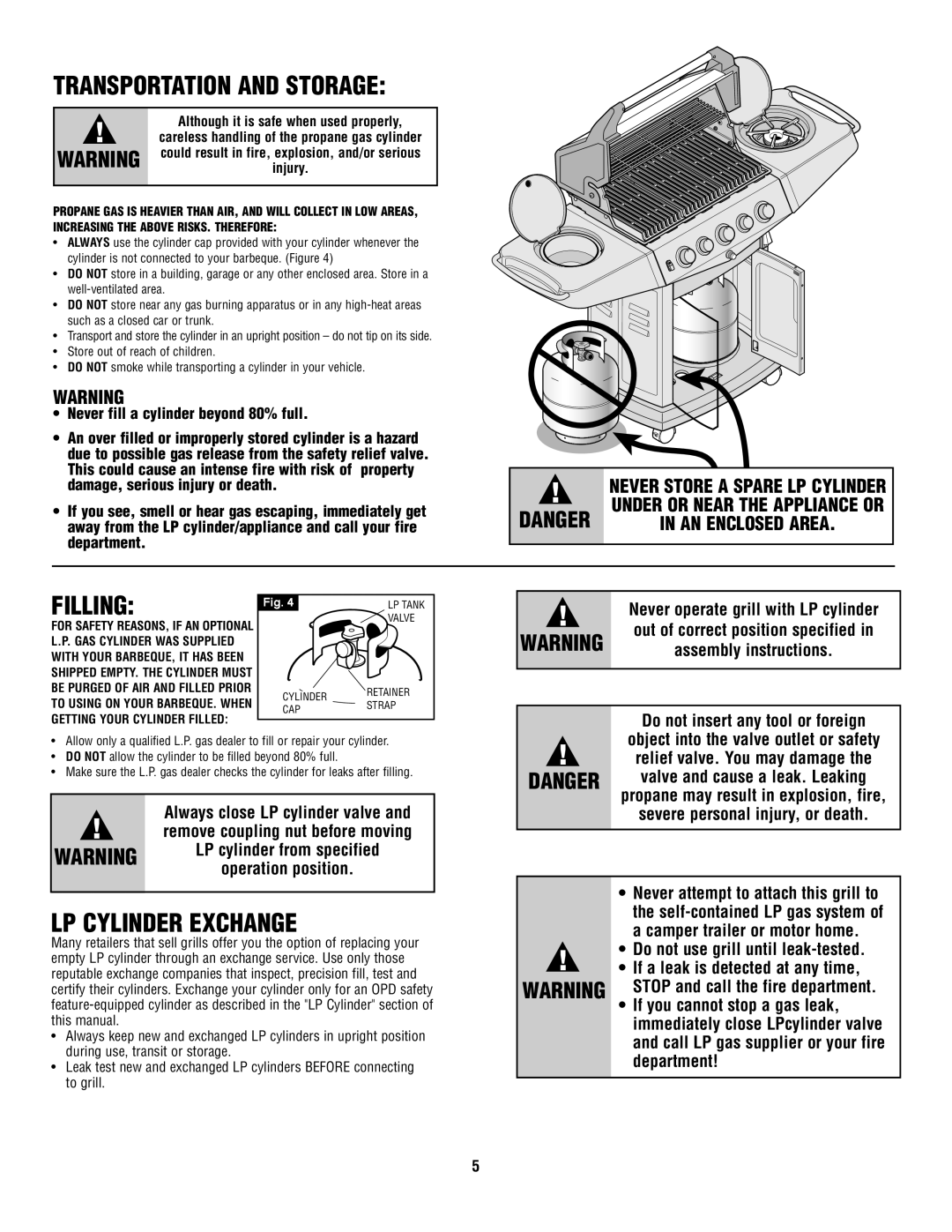 Fiesta FG50057 manual Transportation and Storage, Filling, LP Cylinder Exchange 