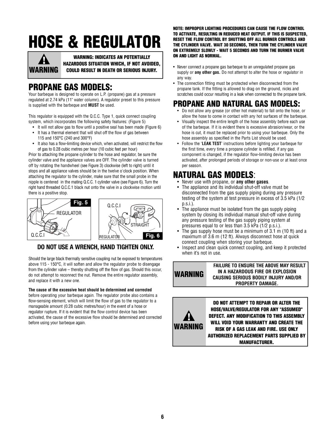 Fiesta FG50057 manual Propane GAS Models, Propane and Natural GAS Models 