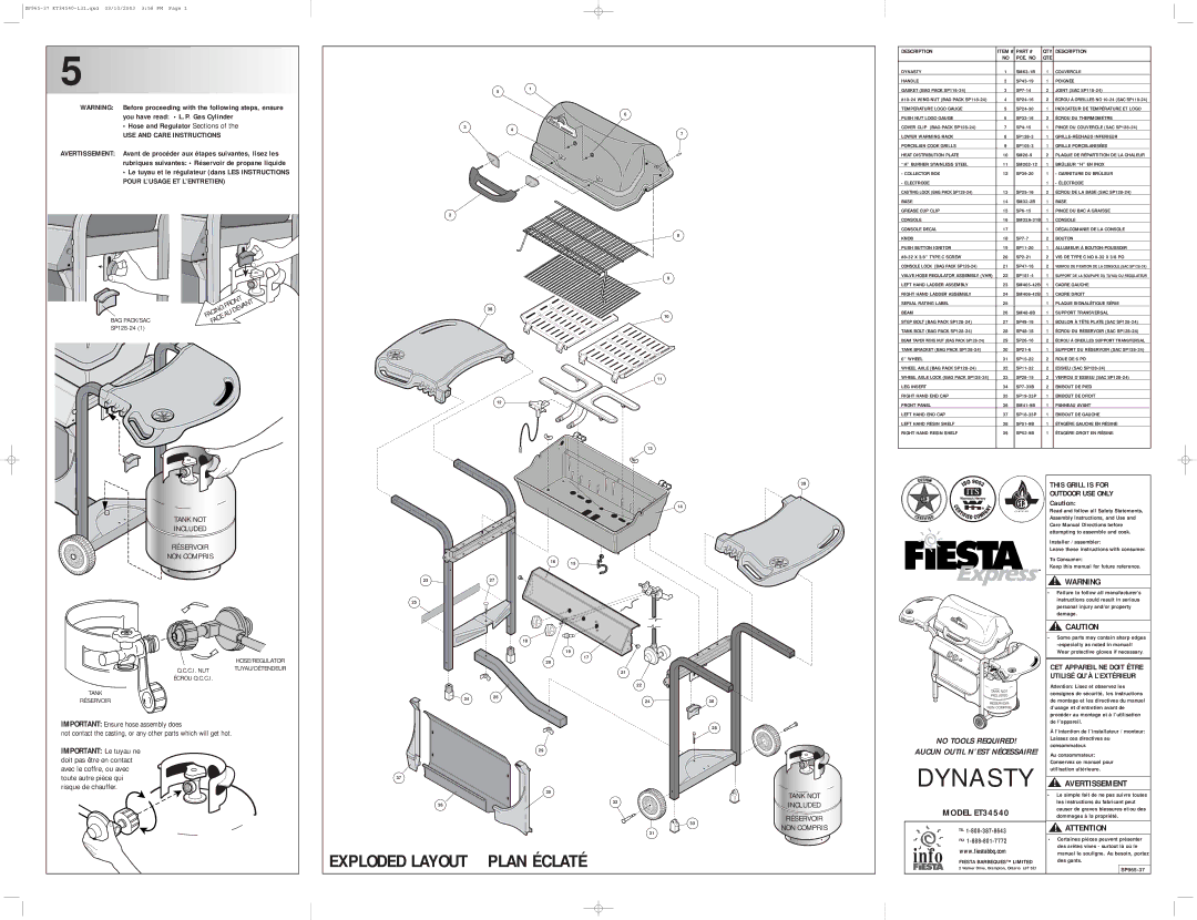 Fiesta ET34540 manual Item # QTY, Dynasty, Couvercle Handle, Poignée Gasket BAG Pack SP118-24, Temperature Logo Gauge 