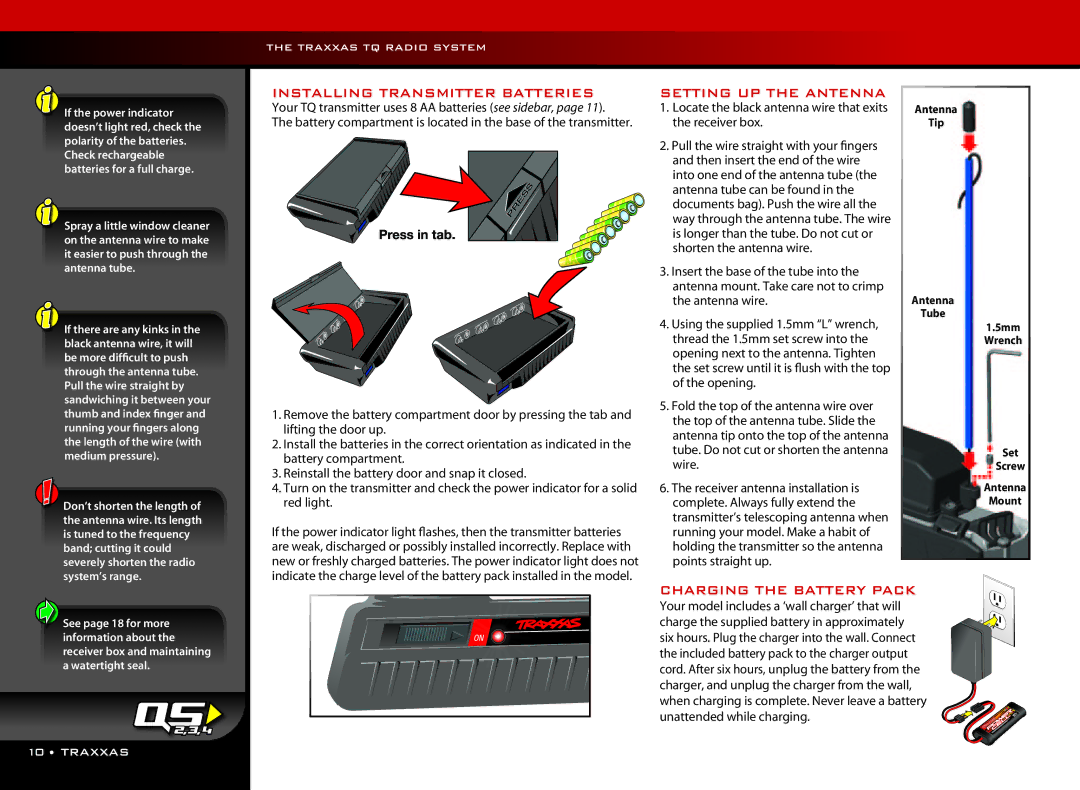 Fiesta Products 7305 manual Installing Transmitter Batteries, Setting UP the Antenna, Charging the Battery Pack 