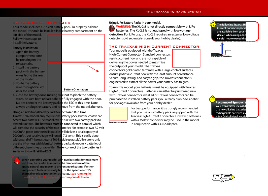 Fiesta Products 7305 manual Installing Battery Pack, Traxxas High Current Connector, Battery Installation 