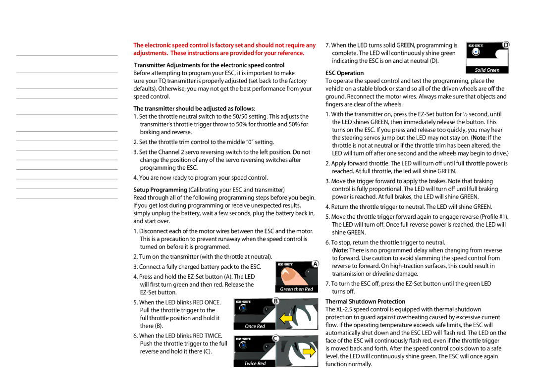 Fiesta Products 7305 Adjusting the Electronic Speed Control, Transmitter Adjustments for the electronic speed control 