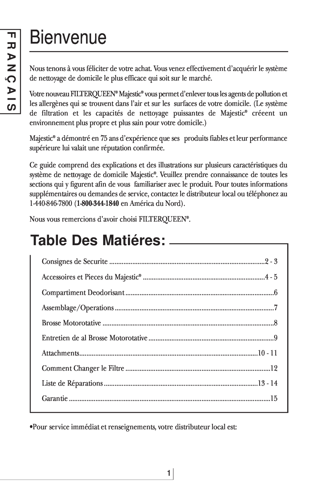 Filter Queen Majestic High-Filtration Surface Cleaner manual Bienvenue, Table Des Matiéres, F R A N Ç A I S 