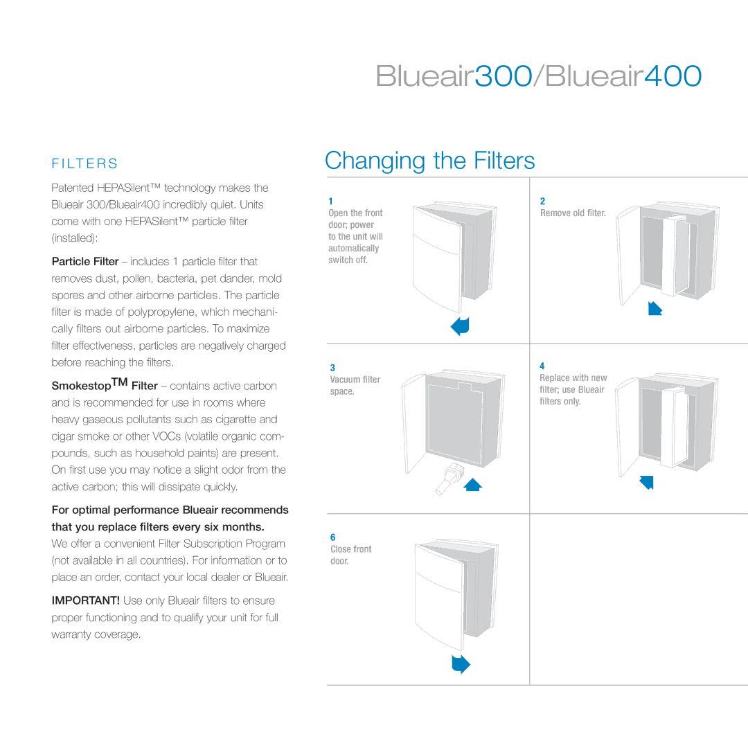 Filtera 400, 300 manual Changing the Filters, Lt E R S 